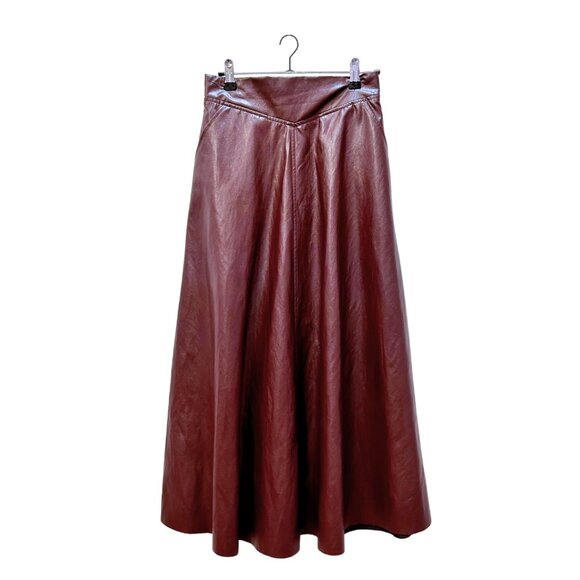 MIGNON DOO Burgundy Vegan Leather A-Line Midi Skirt Size S  New Without Tags - Picture 1 of 3